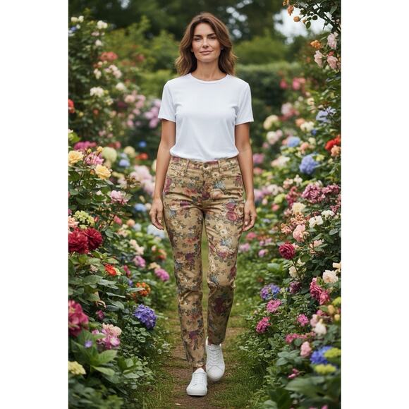 MUDD Woman's 7 Low Rise Tan Multicolor Victorian Floral AOP Tapered Pants Y2K - Picture 1 of 5